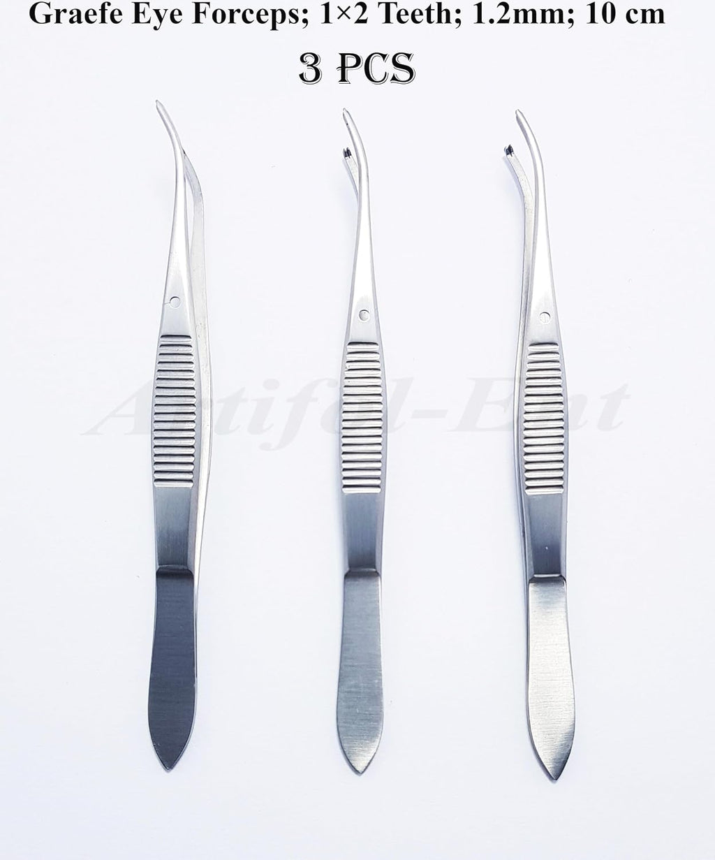 Graefe Ophthalmic Forceps Curved 10 cm (4") – 1×2 Teeth, 1.2 mm Tip Width | Precision Eye Surgical Instrument | Stainless Steel 3 Pcs #114910374