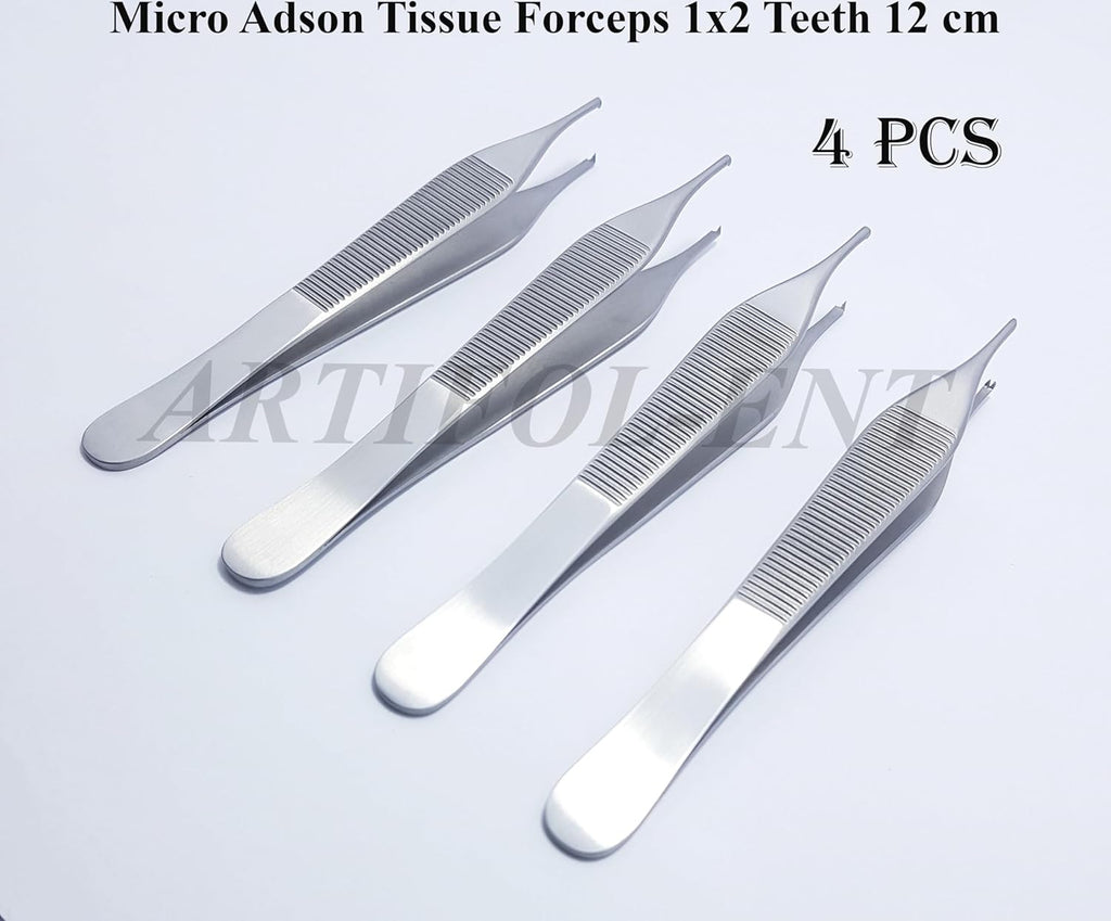 Micro Adson Tissue Forceps 12 cm – 1×2 Teeth Surgical Dental Kocher Tweezers | Stainless Steel Precision Instrument | 4 Pcs #114910114