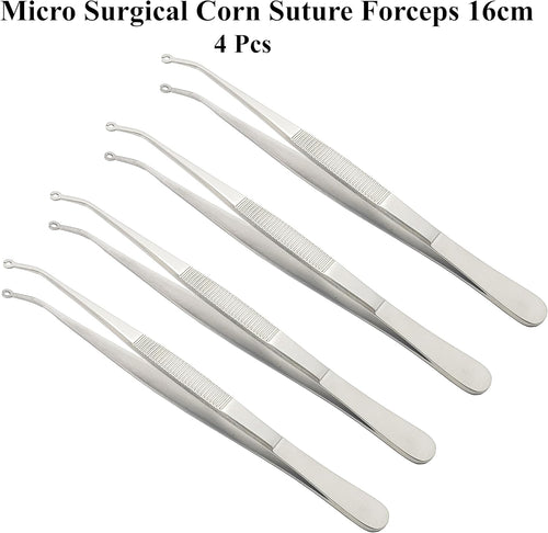 4 Pcs Micro Surgical Corn Suture Forceps 16 cm | Precision Fine Tip | Stainless Steel | Non-Slip Grip | Reusable & Autoclavable Instruments #31-74305