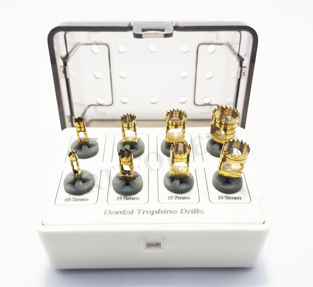 Dental Implant Trephine Bur Set – 8 Pieces Gold Color with Holder | Precision Stainless Steel Implant Removal Kit OS1024