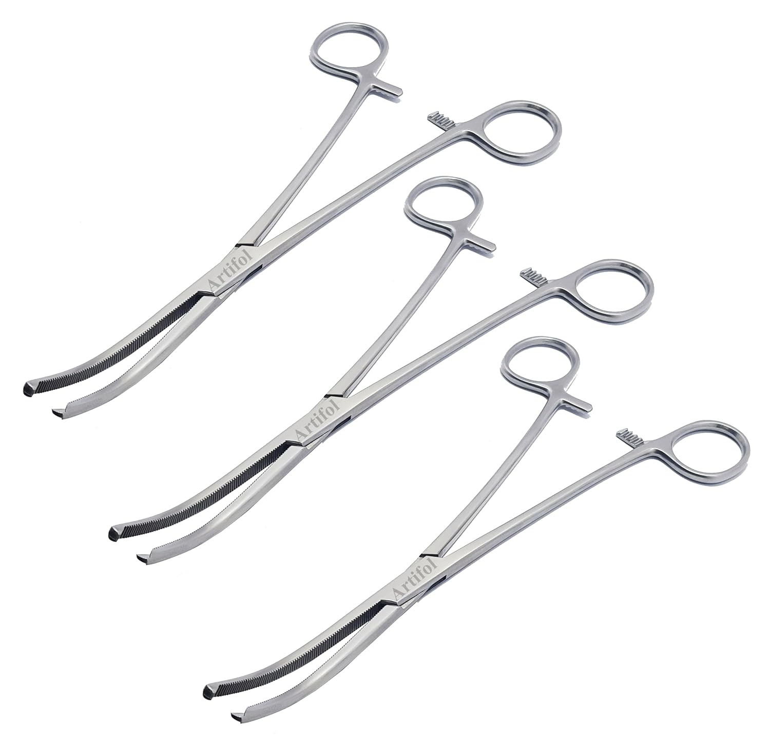 Rochester Ochsner (Kocher) Forceps – Curved, 1×2 Teeth, Serrated Jaws | Stainless Steel Surgical Clamps – 3 Pcs Set