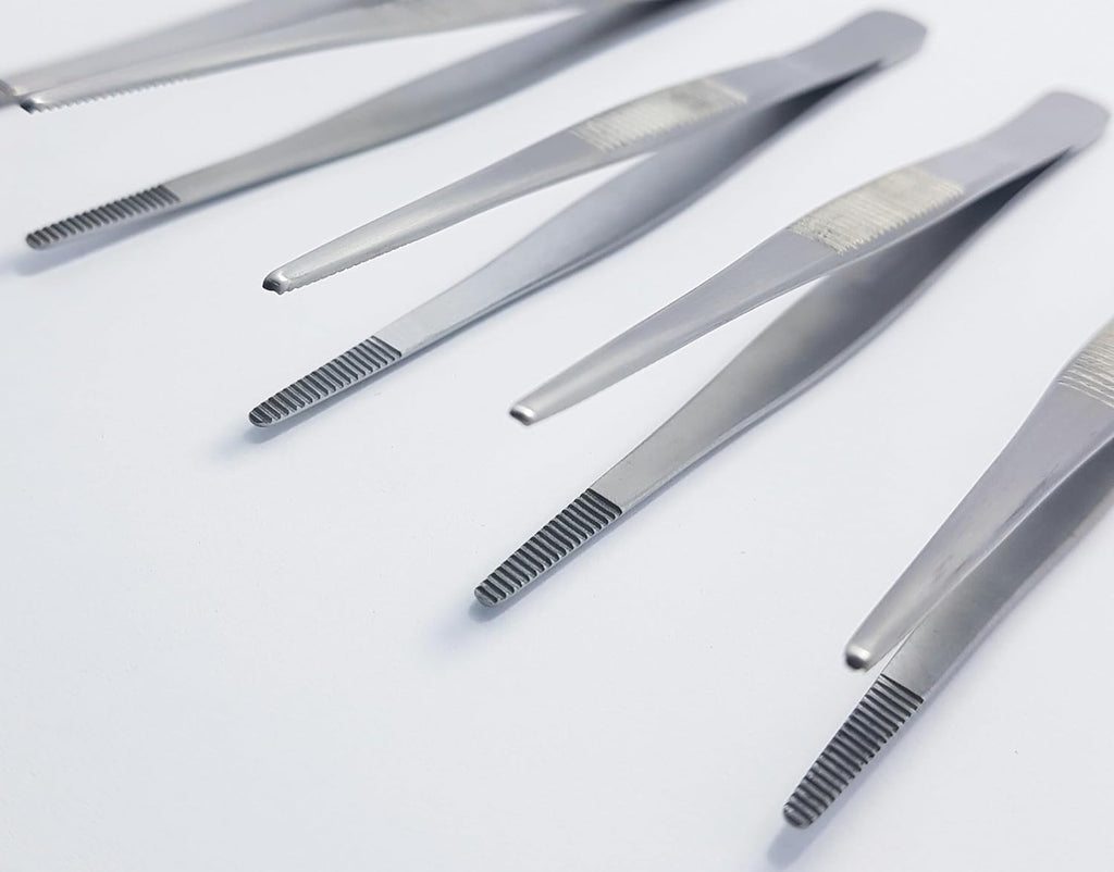 Thumb Dressing Forceps Set – 11.5 cm, 13 cm, 14.5 cm & 18 cm Serrated Tips | Stainless Steel Multi-Purpose Surgical Tissue Tweezers | 6 Pcs
