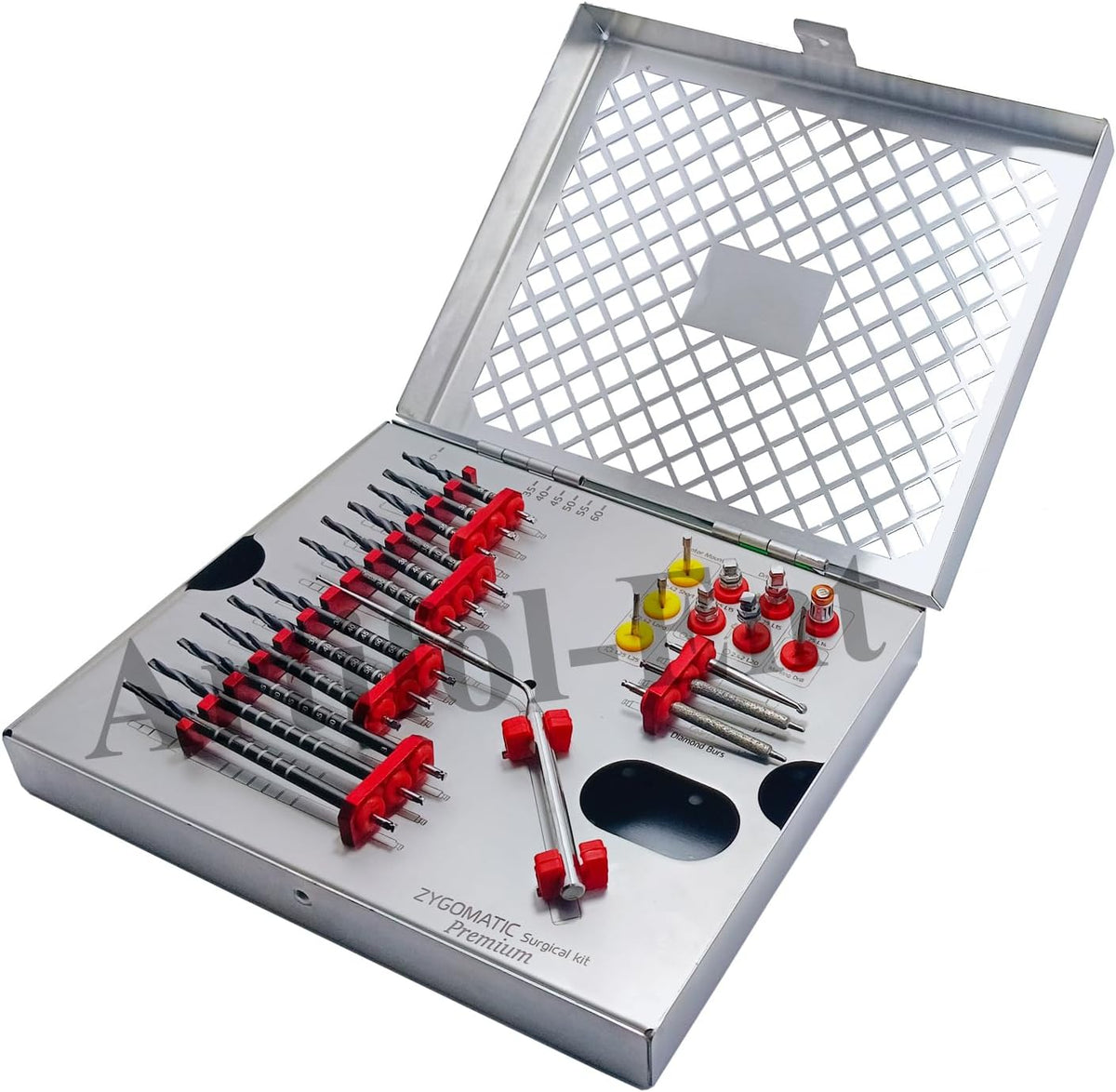 Kit zygomatique haut de gamme de 26 pièces pour implants dentaires – Fraises à pas en titane noir avec sonde de profondeur, support moteur, tournevis et clé à cliquet | Kit Zygo pour la préparation du logement d’implant