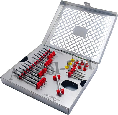 Kit zygomatique haut de gamme de 26 pièces pour implants dentaires – Fraises à pas en titane noir avec sonde de profondeur, support moteur, tournevis et clé à cliquet | Kit Zygo pour la préparation du logement d’implant