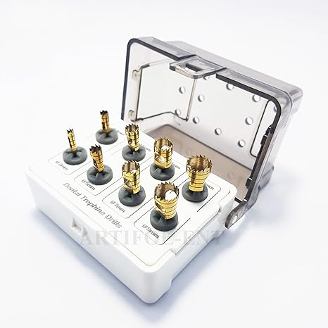 Trepanbohrer-Set für Zahnimplantate – 8-teilig, goldfarben, mit Halter | Präzisions-Implantatentfernungsset aus Edelstahl OS1024