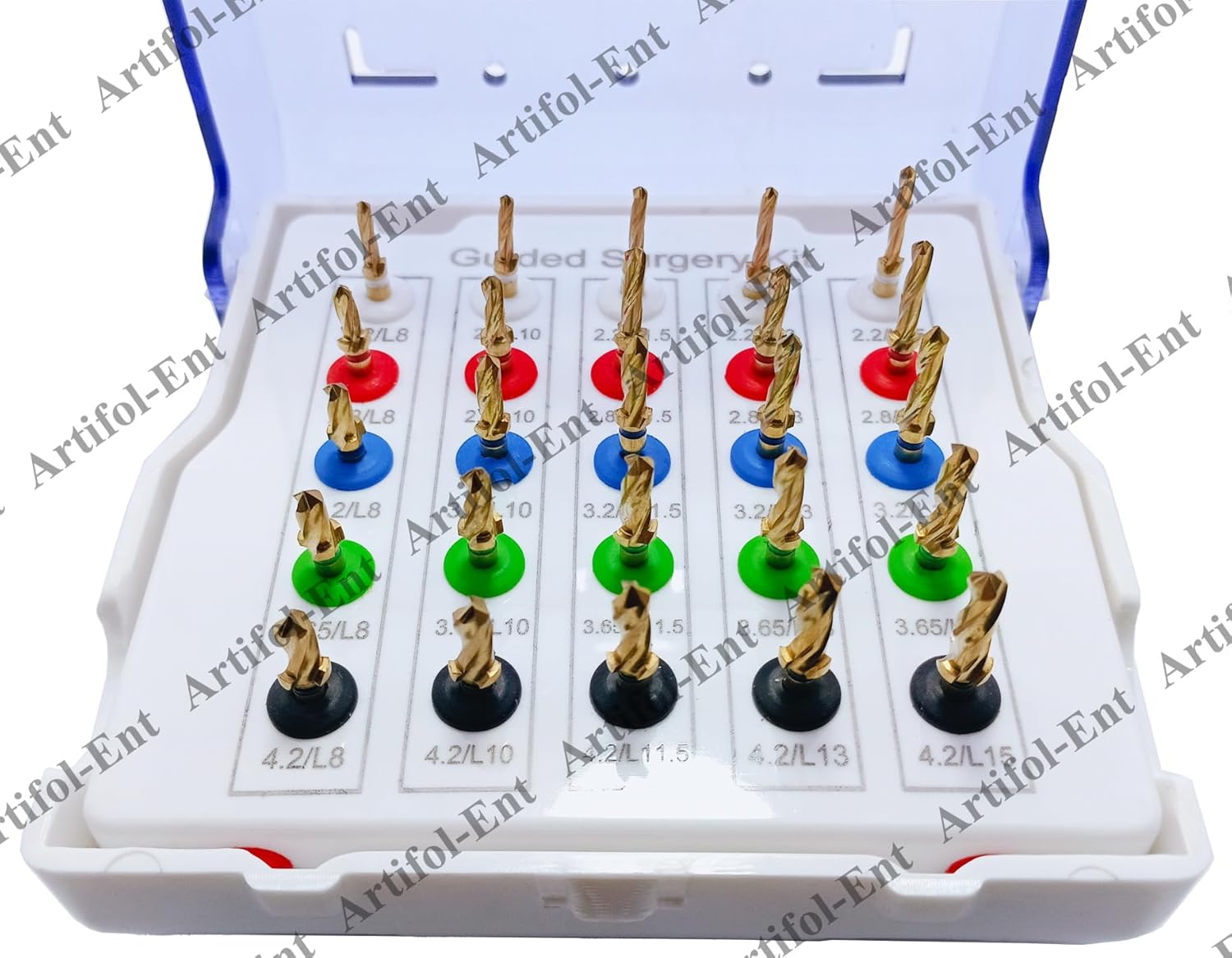 25 Pcs Dental Guided Implant Drill Kit – Assorted Stoppers & Sizes, Fully Autoclavable with Plastic Case – Gold-Coated Drills Set # OS1069