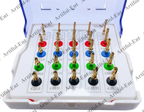 Kit di 25 trapani per impianti dentali guidati - Tappi e misure assortiti, completamente autoclavabili con custodia in plastica - Set di trapani rivestiti in oro n. OS1069