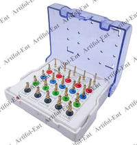 Kit di 25 trapani per impianti dentali guidati - Tappi e misure assortiti, completamente autoclavabili con custodia in plastica - Set di trapani rivestiti in oro n. OS1069
