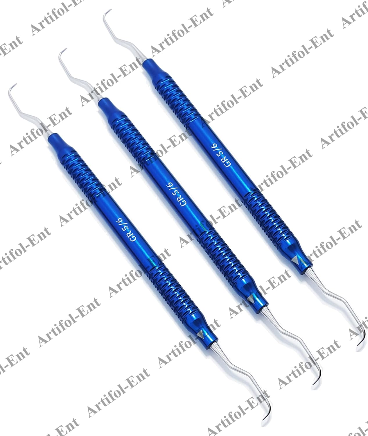 Set di curette Gracey – 3 pezzi misura 5/6 | Strumenti parodontali a doppia estremità | Manici in alluminio blu #GR56