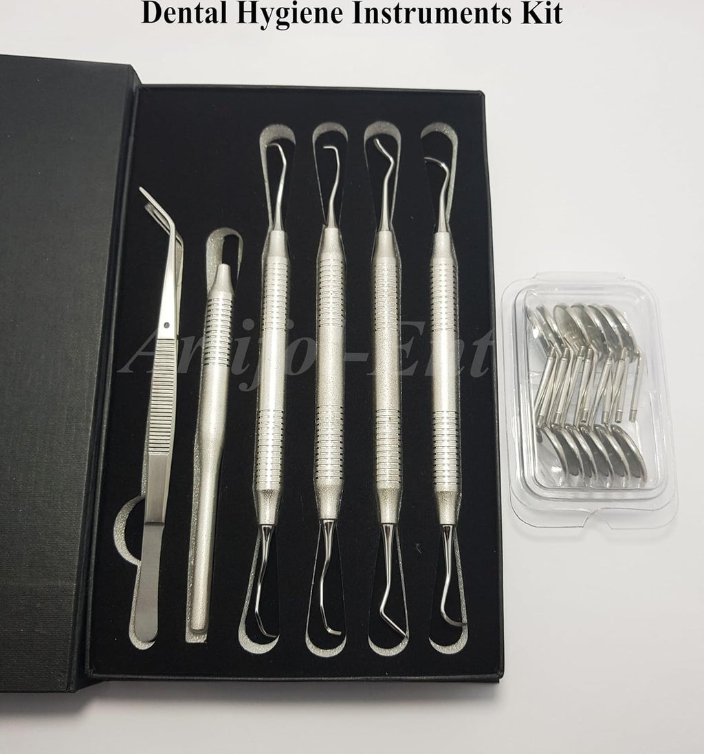 Dental Hygiene Set Gracey Curette, Hygienist Scaler, Sickle Scaler, Dental Mirrors with Mirror Handle, College Tweezers/Cotton Plier Hygienists Instruments Tool kit 18 Pcs