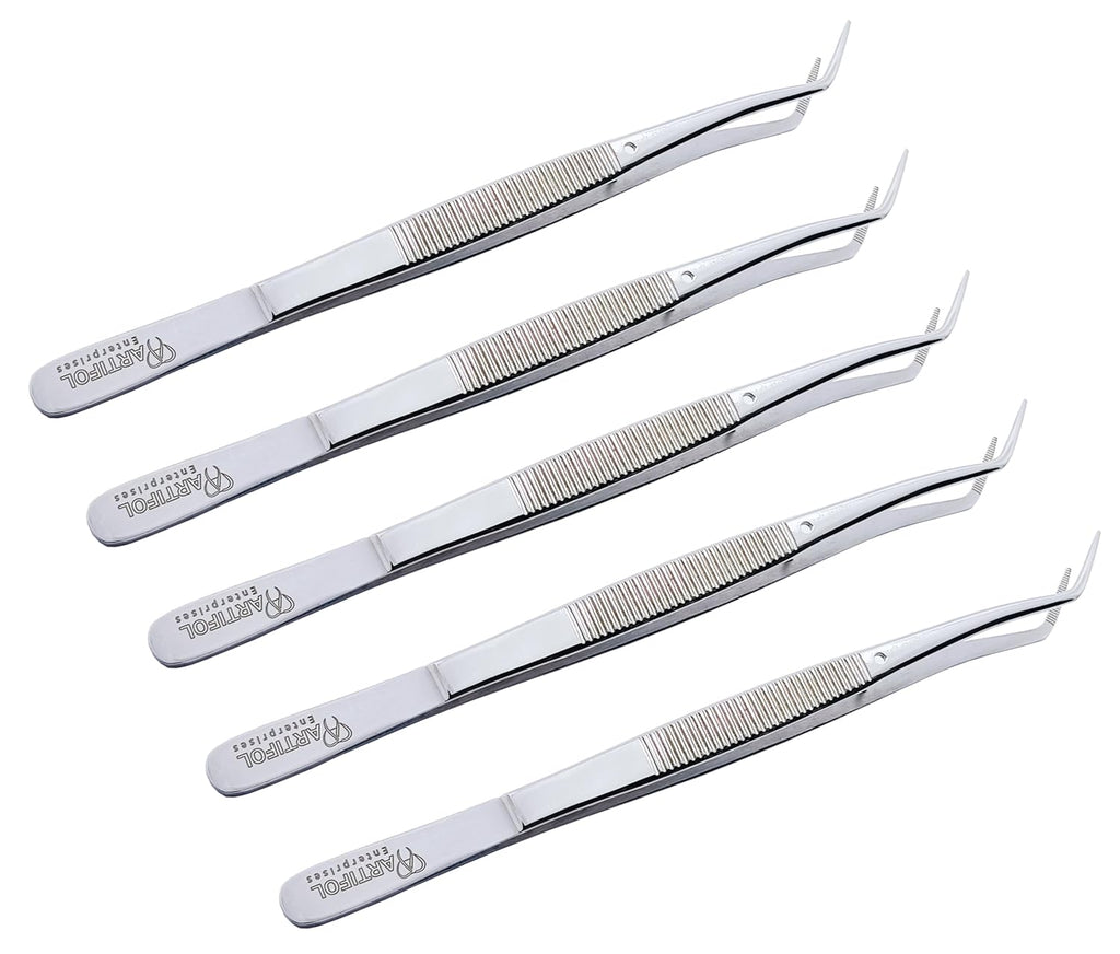 Mariiam Dentalpinzette – 15 cm, abgewinkelte, gezahnte Spitzen (5er-Set), polierter Edelstahl, gebogene Pinzette für präzises Arbeiten | #114500021-1