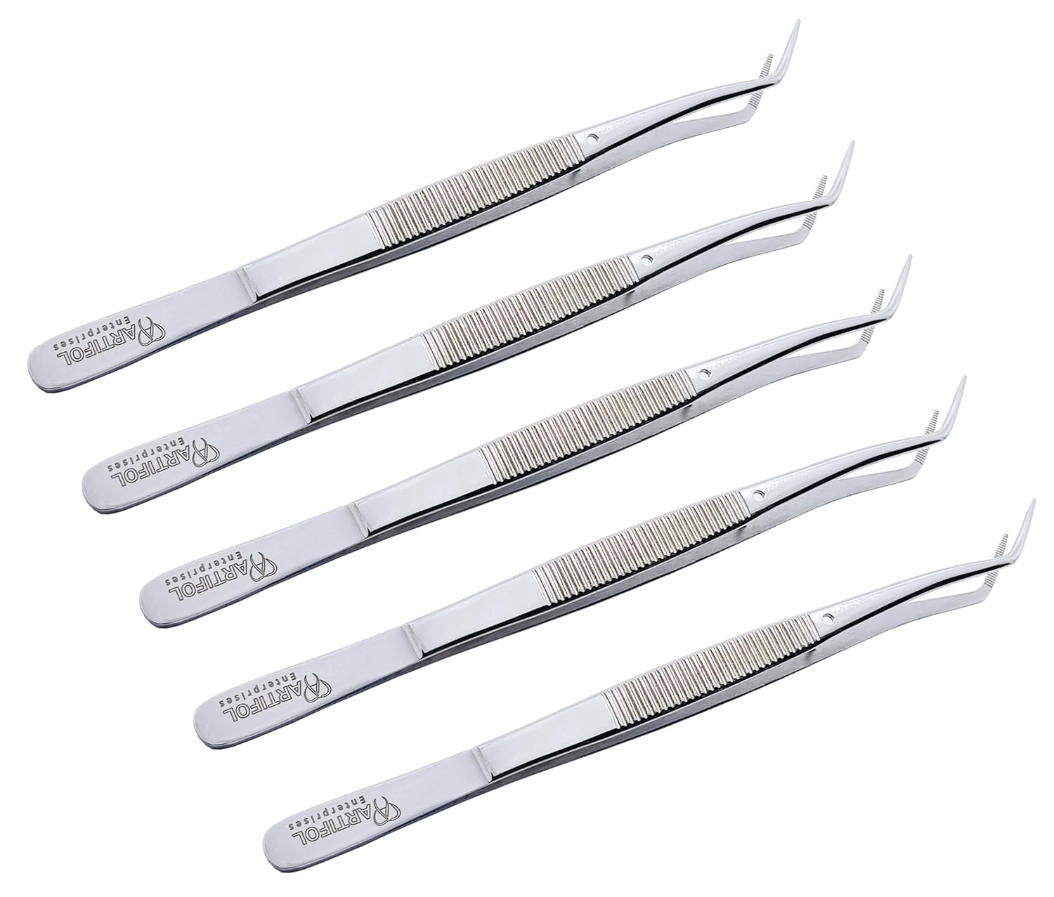 Mariiam Dentalpinzette – 15 cm, abgewinkelte, gezahnte Spitzen (5er-Set), polierter Edelstahl, gebogene Pinzette für präzises Arbeiten | #114500021-1