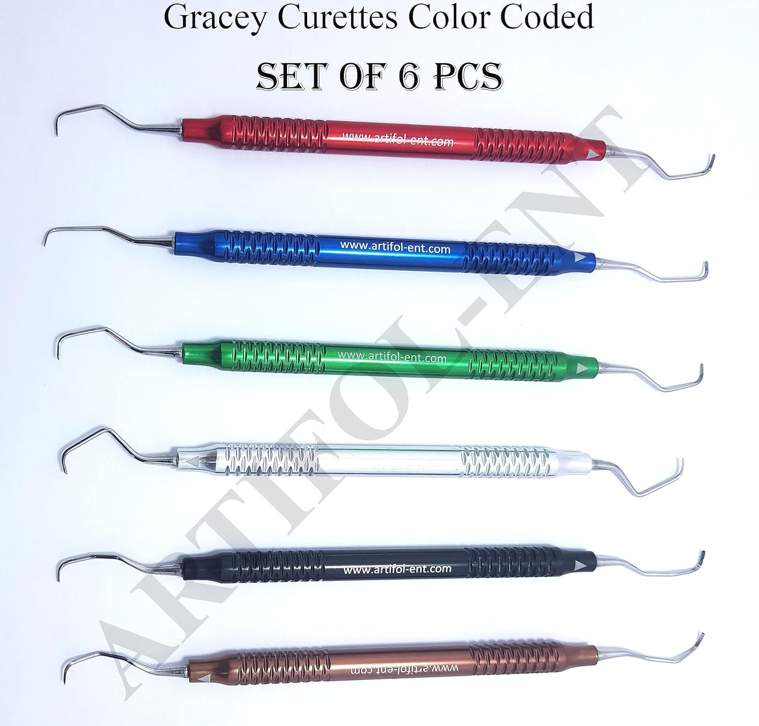 Dental Gracey Curette Set – 6 Pcs Double-Ended Periodontal Curettes | Aluminum Hollow Handles | Multi-Color Coated