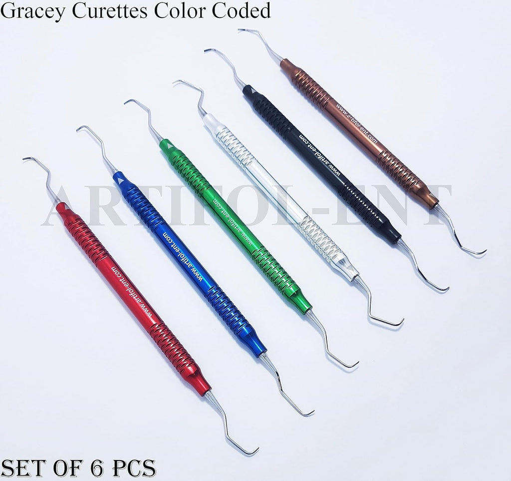 Dental Gracey Curette Set – 6 Pcs Double-Ended Periodontal Curettes | Aluminum Hollow Handles | Multi-Color Coated