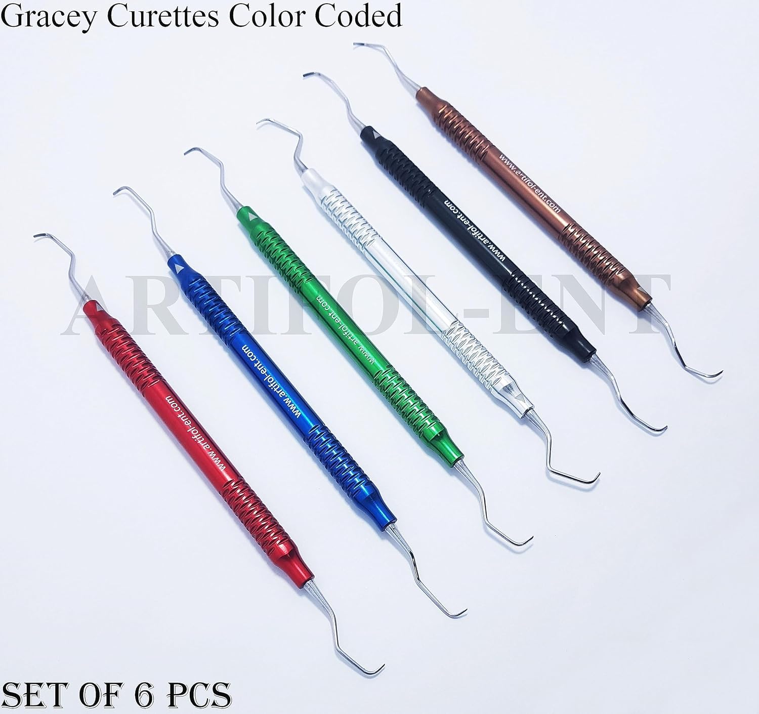 Dental Gracey Curette Set – 6 Pcs Double-Ended Periodontal Curettes | Aluminum Hollow Handles | Multi-Color Coated