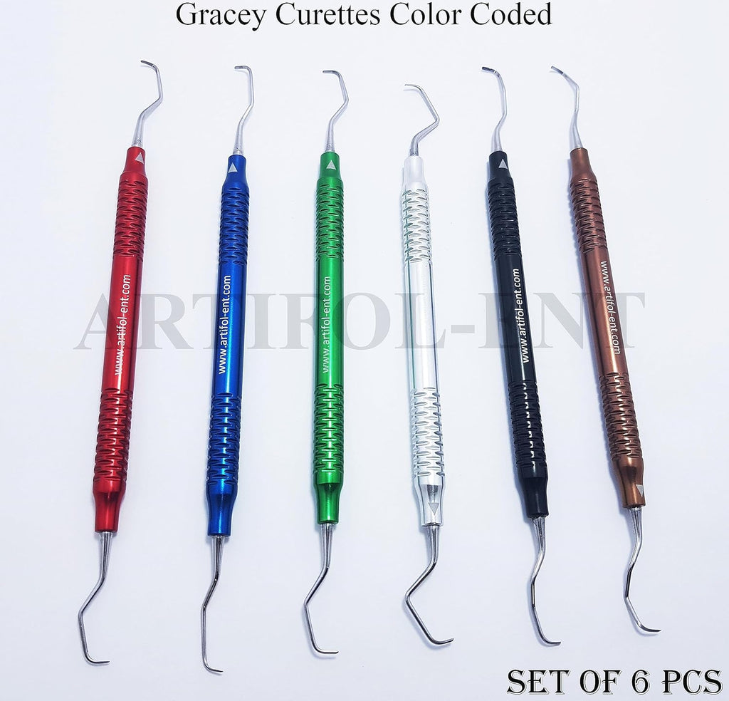 Dental Gracey Curette Set – 6 Pcs Double-Ended Periodontal Curettes | Aluminum Hollow Handles | Multi-Color Coated