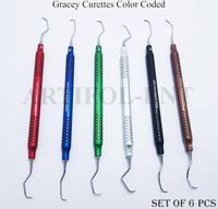 Dental Gracey Curette Set – 6 Pcs Double-Ended Periodontal Curettes | Aluminum Hollow Handles | Multi-Color Coated