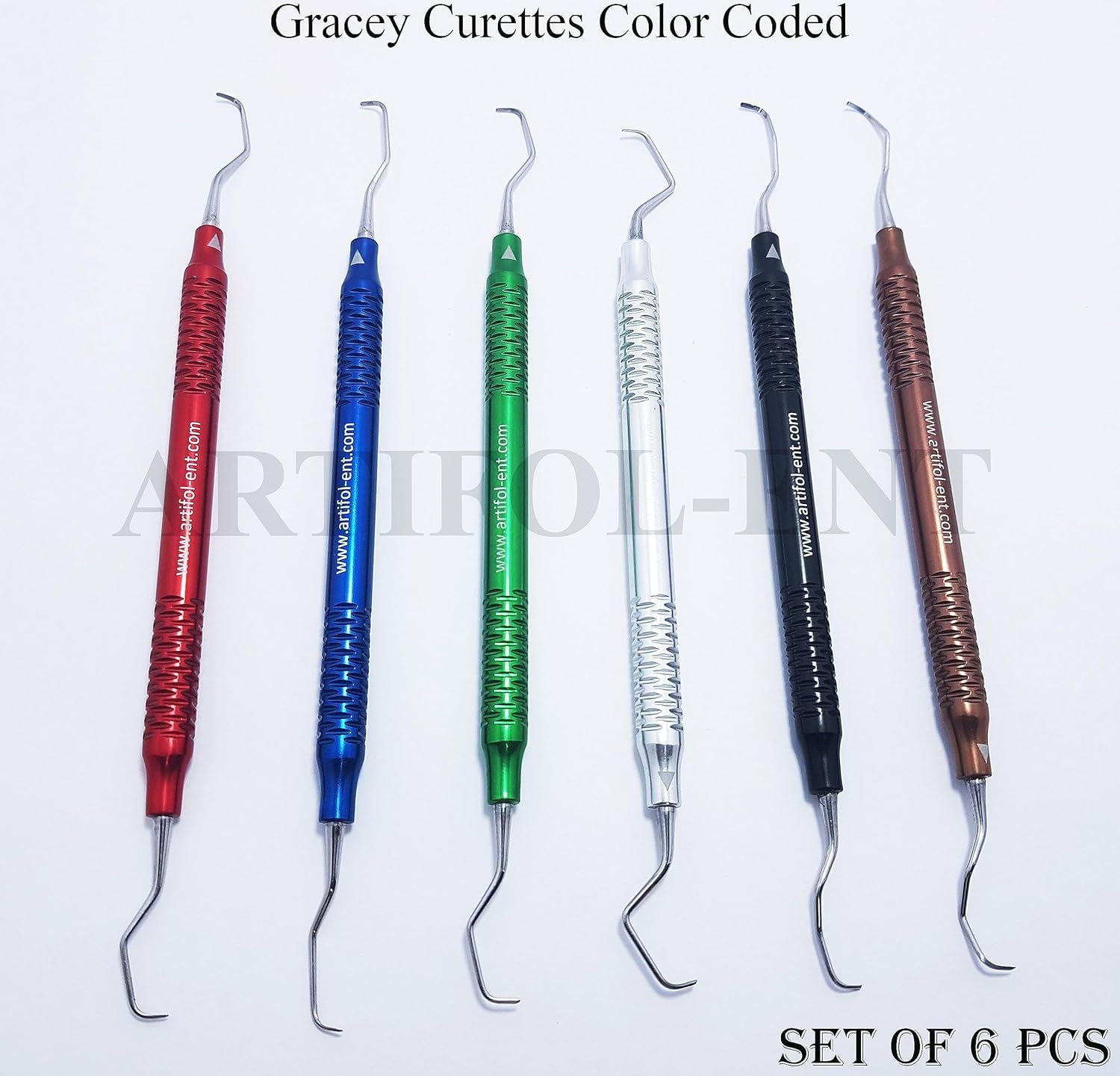 Dental Gracey Curette Set – 6 Pcs Double-Ended Periodontal Curettes | Aluminum Hollow Handles | Multi-Color Coated