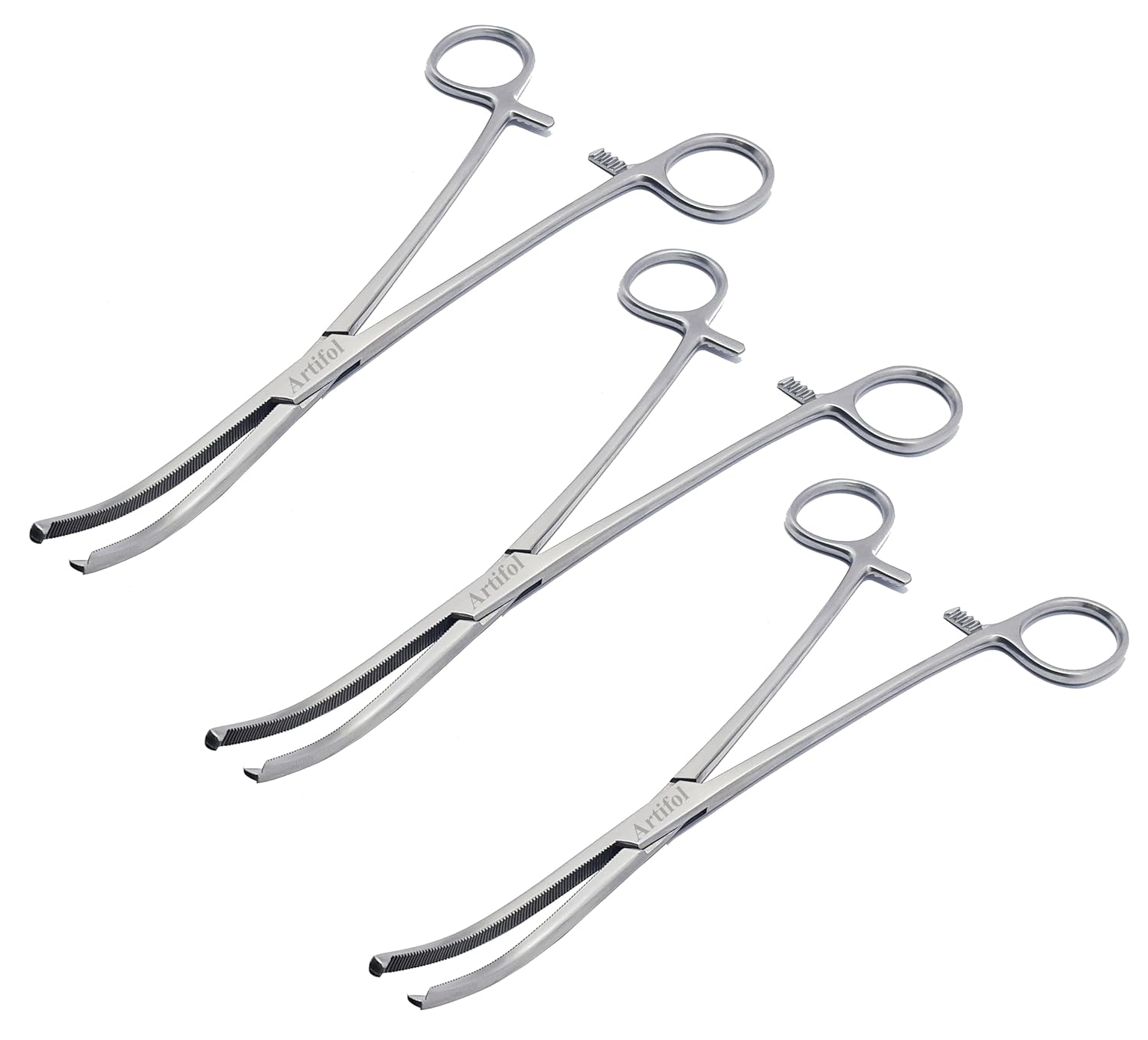 Rochester Ochsner (Kocher) Forceps – Curved, 1×2 Teeth, Serrated Jaws | Stainless Steel Surgical Clamps – 3 Pcs Set