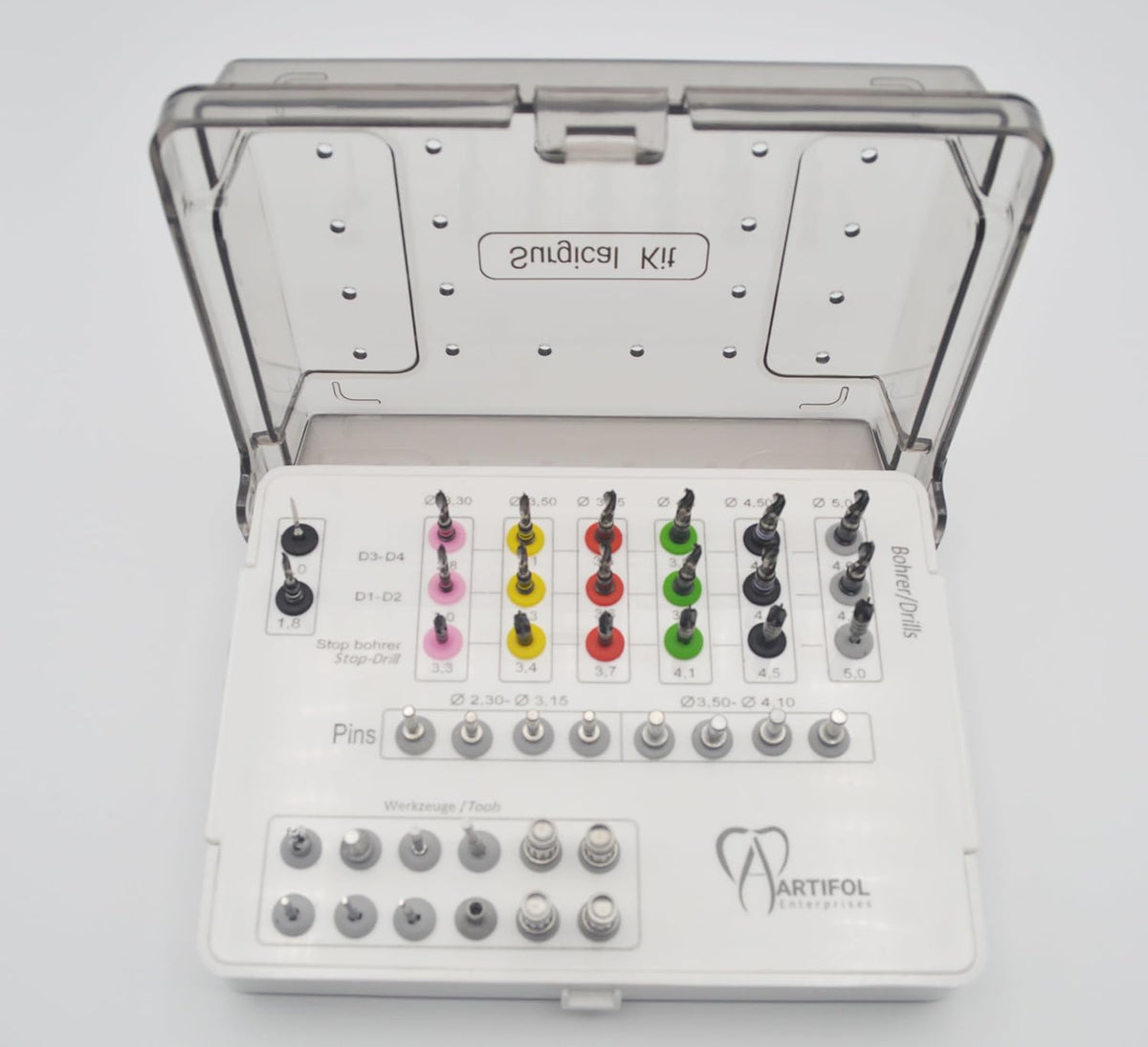 40 Pieces Stainless Steel Black Coated Drills Kit with Embedded Stoppers, Guide Pins, Lance Pilot Drills & Additional Toolings with Plastic Holder Kit| Reusable & Autoclavable Instruments #OS10100