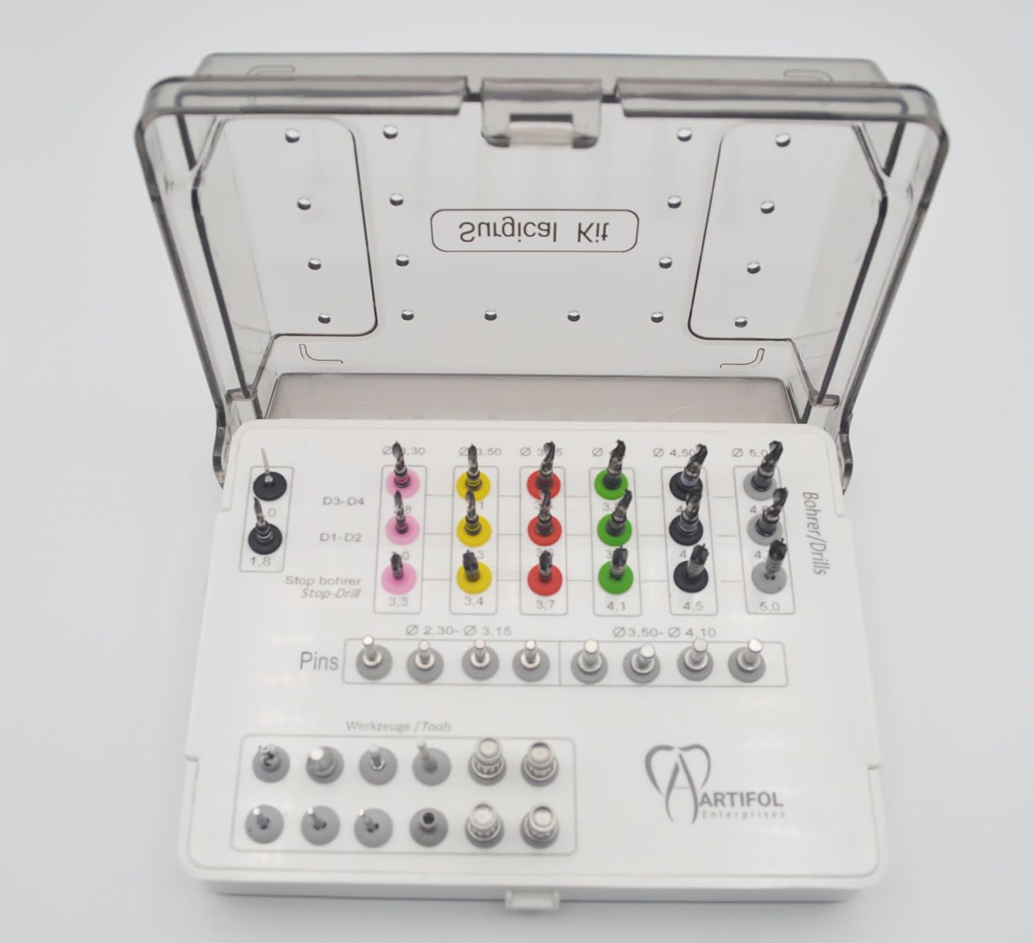 40 Pieces Stainless Steel Black Coated Drills Kit with Embedded Stoppers, Guide Pins, Lance Pilot Drills & Additional Toolings with Plastic Holder Kit| Reusable & Autoclavable Instruments #OS10100