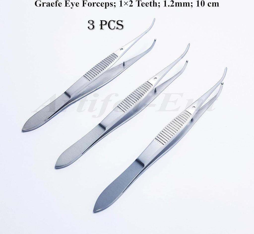 Graefe Ophthalmic Forceps Curved 10 cm (4") – 1×2 Teeth, 1.2 mm Tip Width | Precision Eye Surgical Instrument | Stainless Steel 3 Pcs #114910374