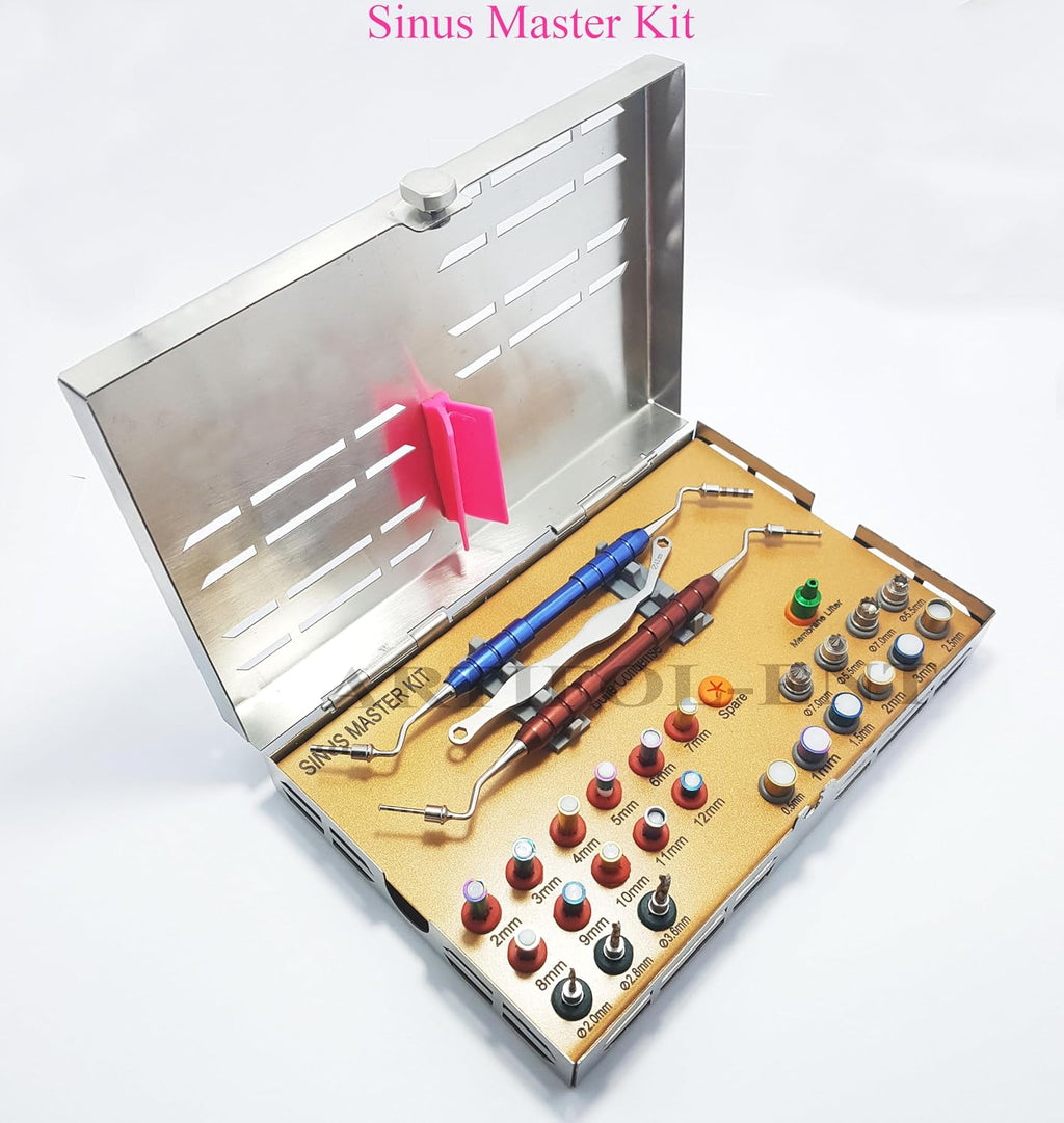 All in One –28 Pcs Implant Crestal & Lateral Approach Sinus Master Kit – Round & Core Drills, Stoppers, Mushrooms,Wrench with Sterilizable Steel Cassette - Dental Sinus lift Master Tools Set – #OS1028
