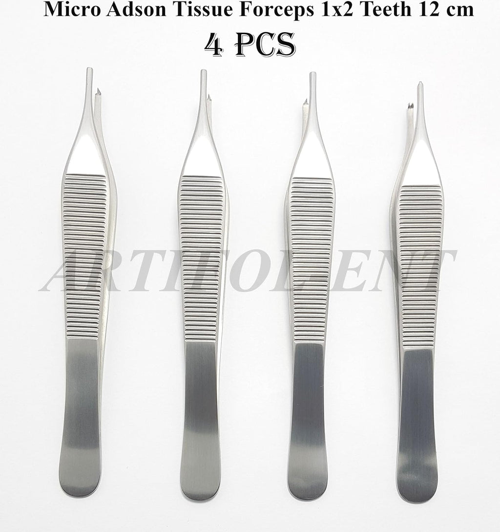 Micro Adson Tissue Forceps 12 cm – 1×2 Teeth Surgical Dental Kocher Tweezers | Stainless Steel Precision Instrument | 4 Pcs #114910114