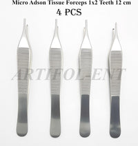 Micro Adson Tissue Forceps 12 cm – 1×2 Teeth Surgical Dental Kocher Tweezers | Stainless Steel Precision Instrument | 4 Pcs #114910114