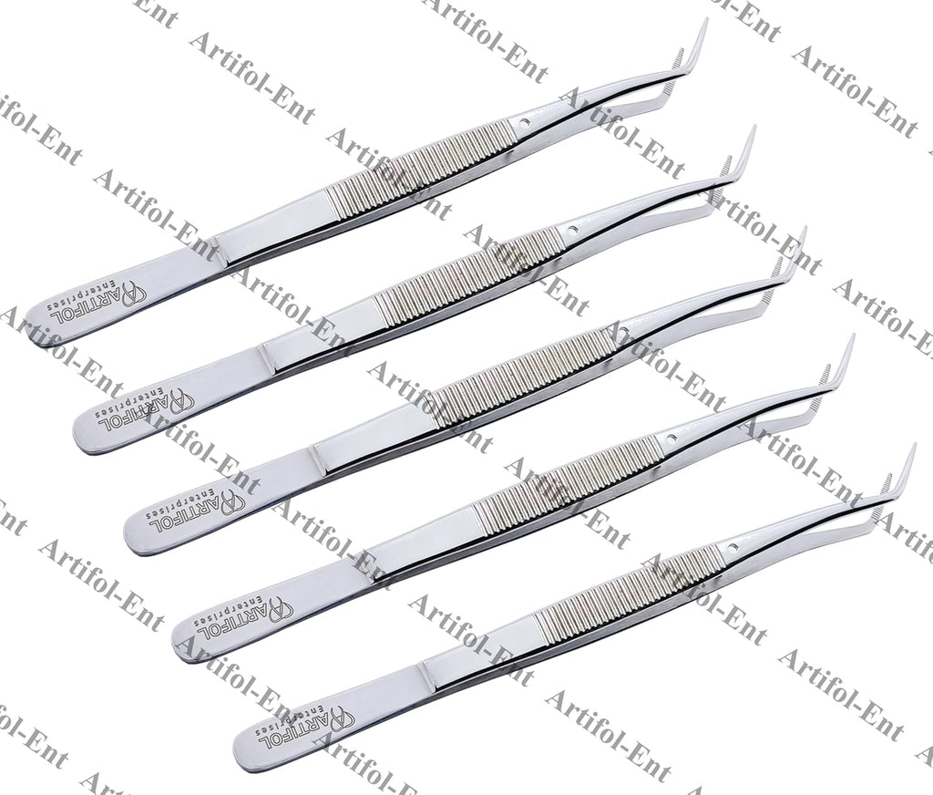 Mariiam Dentalpinzette – 15 cm, abgewinkelte, gezahnte Spitzen (5er-Set), polierter Edelstahl, gebogene Pinzette für präzises Arbeiten | #114500021-1