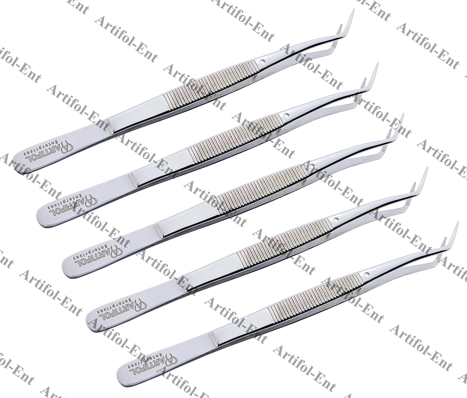 Mariiam Dentalpinzette – 15 cm, abgewinkelte, gezahnte Spitzen (5er-Set), polierter Edelstahl, gebogene Pinzette für präzises Arbeiten | #114500021-1