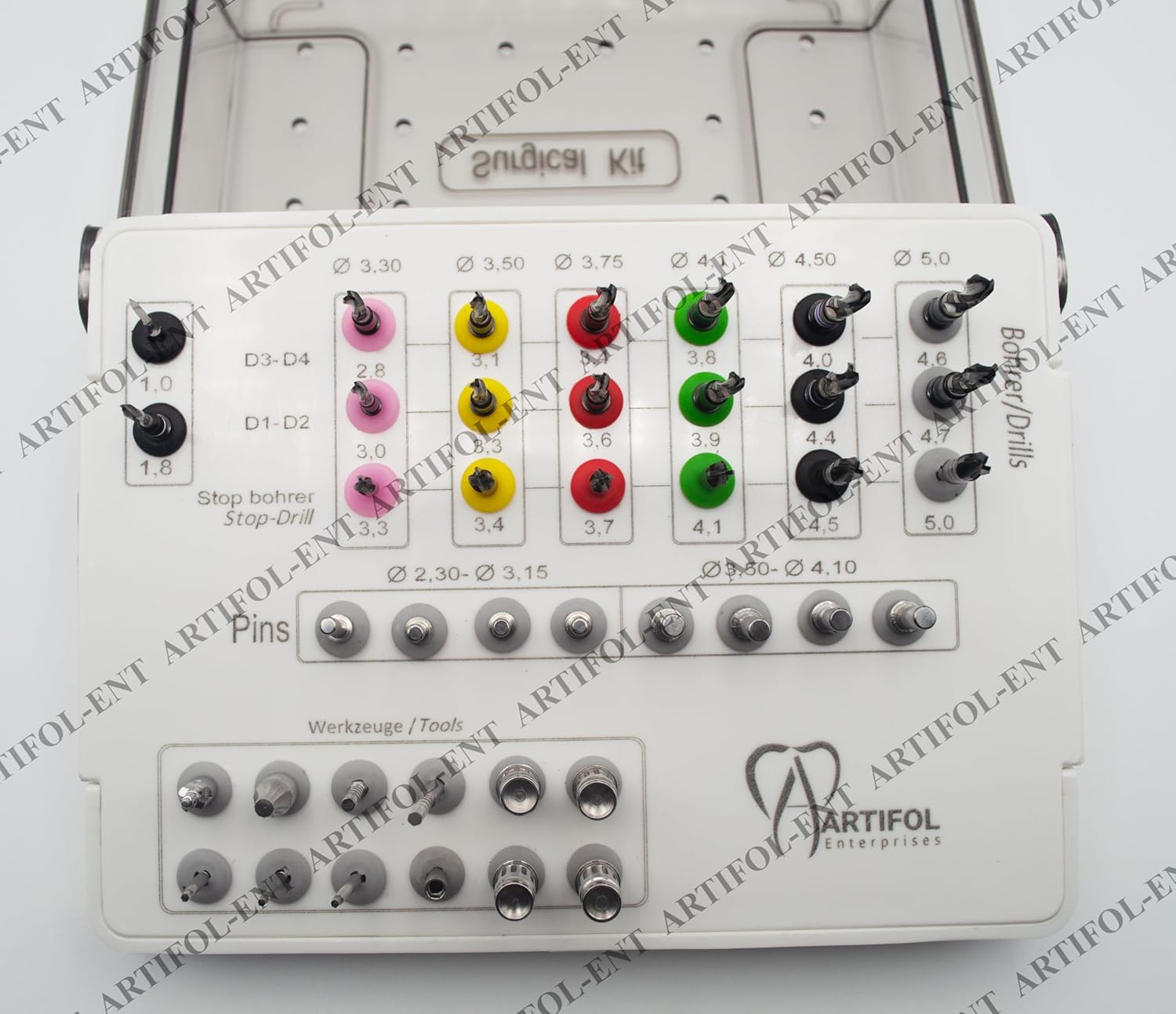 40 Pieces Stainless Steel Black Coated Drills Kit with Embedded Stoppers, Guide Pins, Lance Pilot Drills & Additional Toolings with Plastic Holder Kit| Reusable & Autoclavable Instruments #OS10100