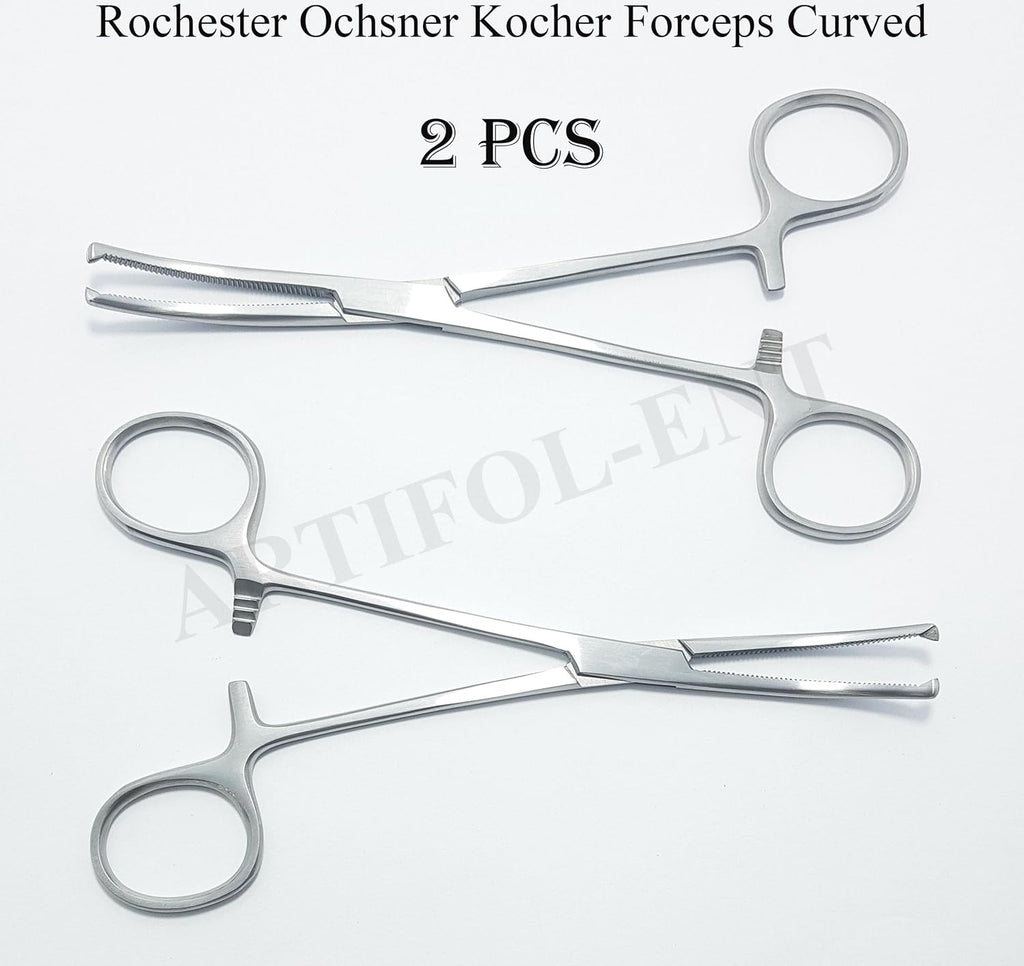Rochester Ochsner Kocher Forceps – Curved 6.25" (16 cm), 1x2 Teeth, Serrated Jaws | 2-Piece Clamping Forceps Set #115910142| Stainless Steel, Reusable & Autoclavable