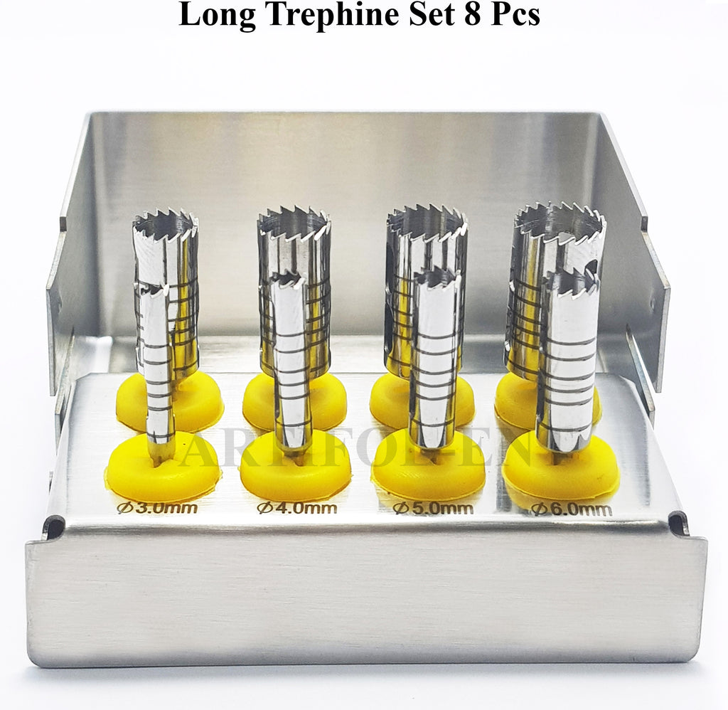Long Trephine Drill Set – 8 Pcs Silver Color with Metal Holder | OS1036