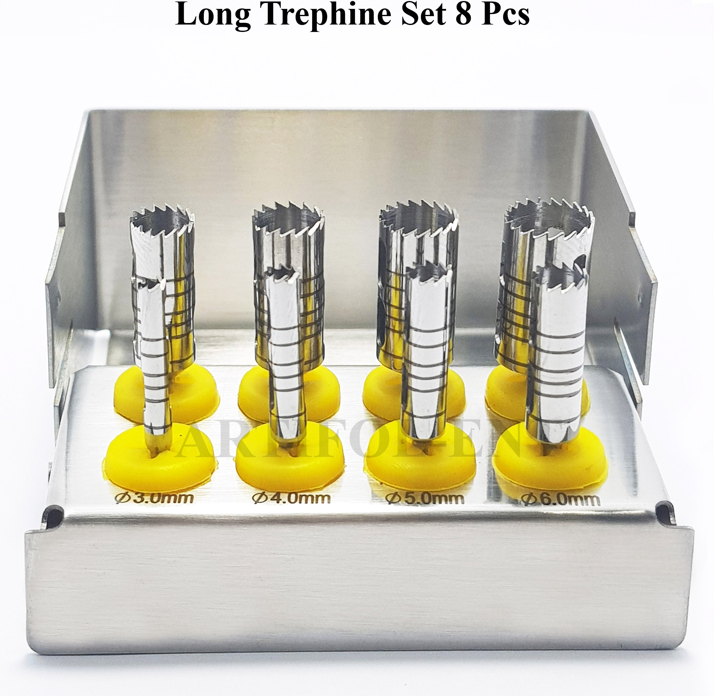 Long Trephine Drill Set – 8 Pcs Silver Color with Metal Holder | OS1036
