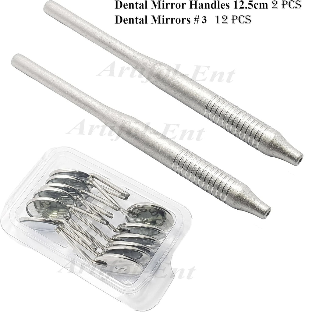 Pack of 12 Dental Mouth Mirrors (Fig. #3) with 2 Ergonomic Mirror Handles | Stainless Steel Examination Set | Clear Reflection, Reusable & Autoclavable Instruments