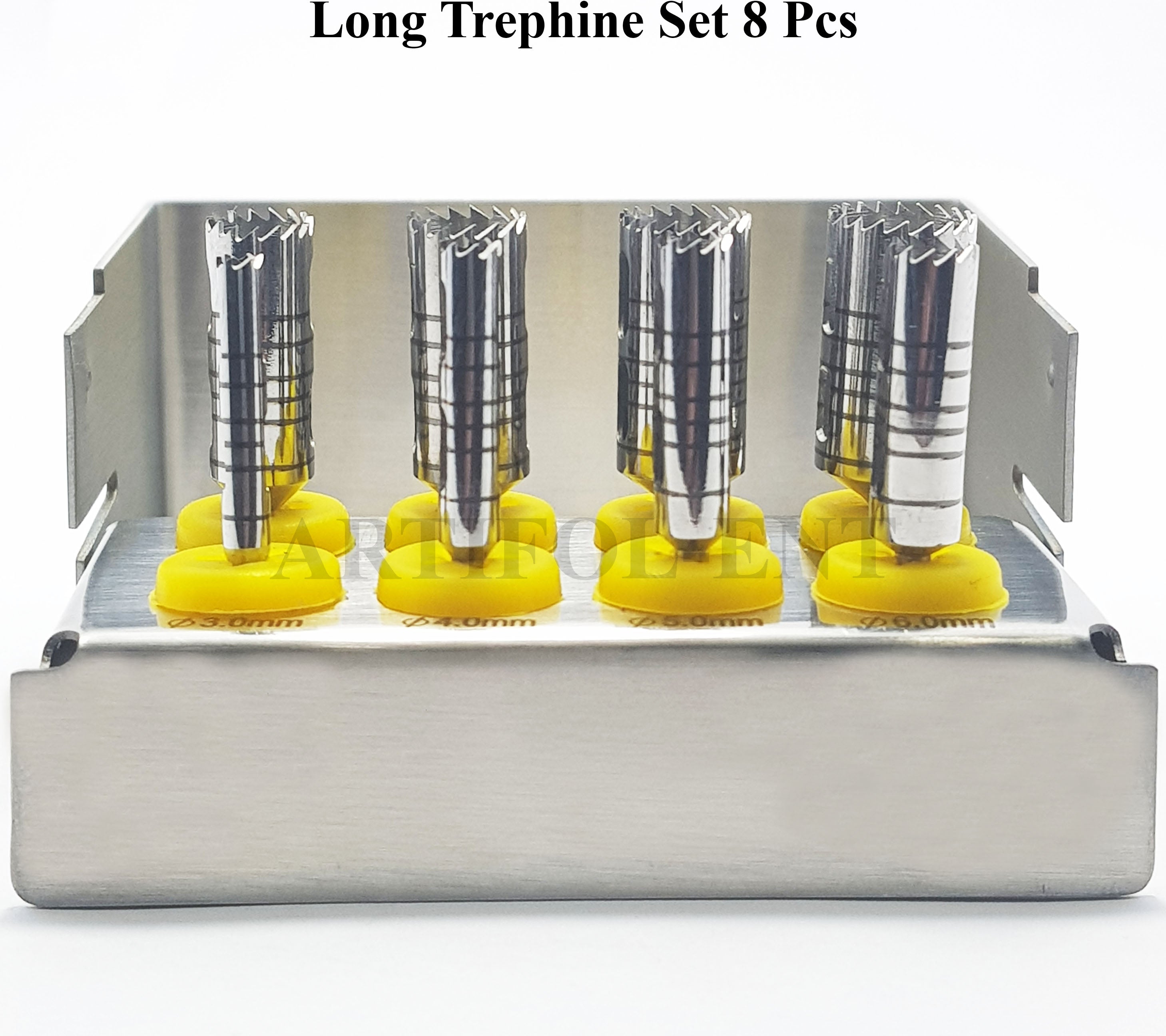 Long Trephine Drill Set – 8 Pcs Silver Color with Metal Holder | OS1036